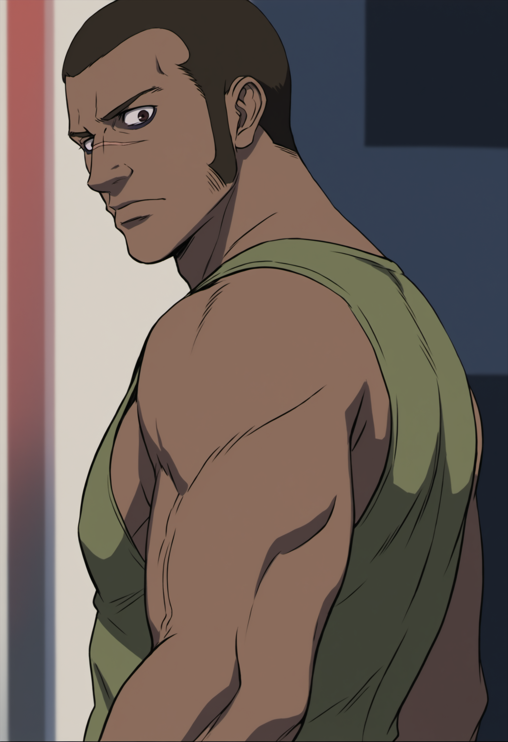 1boy, paul_darker, black eyes, dark skinned, buzz haircut, brown eyes, scar across nose, dark brown hair, long sideburns, veiny arms, green tanktop, dark circles, score_8_up, score_7_up, score_6_up, score_9, a muscular man at alley, night , building, face_focus,muscular,stocky body, big muscle,,centered,looking at viewer, detailed eyes, 8k uhd, high quality, standing