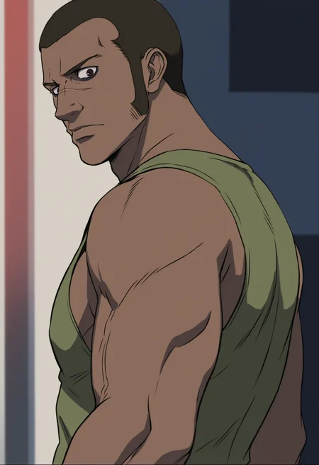 1boy, paul_darker, black eyes, dark skinned, buzz haircut, brown eyes, scar across nose, dark brown hair, long sideburns, veiny arms, green tanktop, dark circles, score_8_up, score_7_up, score_6_up, score_9, a muscular man at alley, night , building, face_focus,muscular,stocky body, big muscle,,centered,looking at viewer, detailed eyes, 8k uhd, high quality, standing