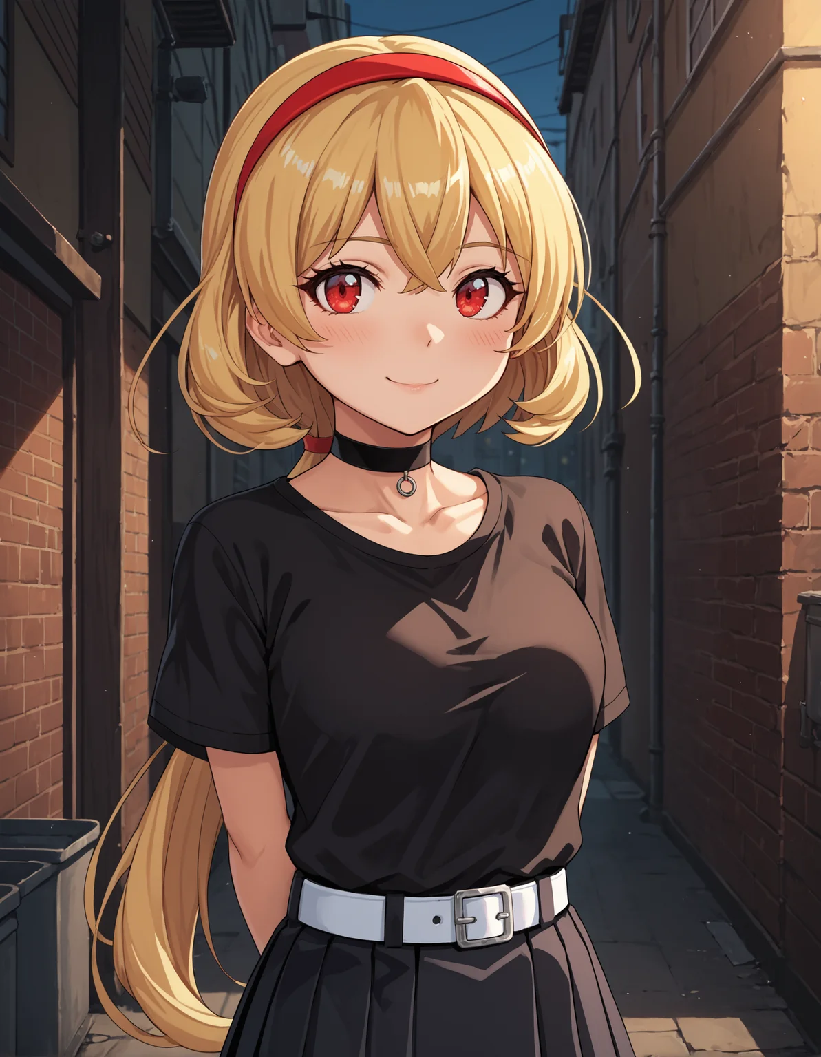 score_9, score_8_up, source_anime, 1girl, upper body, medium shot, detailed, mgrcnanaseyukika, blonde hair, low ponytail, red eyes, red hairband, black t-shirt, white belt, black pleated skirt, choker, light smile, blush, hands behind back, alley, evening, looking at viewer, (side view:0.7), <lora:mgrcnanaseyukika_XL:0.9>