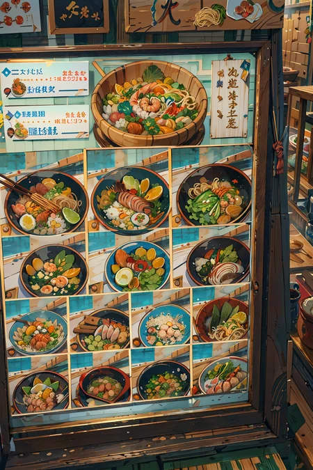 (masterpiece:1.3),(best quality:1.3),highres,vivid_color,colorful,ultra-detailed,masterpiece,extremely detailed CG unity 8k wallpaper,best quality,scenery,outdoors,<lora:Detailed_Places_R-128_v1:0.7>,no humans,still life,food,food focus,realistic,bowl,vegetable,noodles,fish,sashimi,table,rice,chopsticks,shrimp,shop_sign,