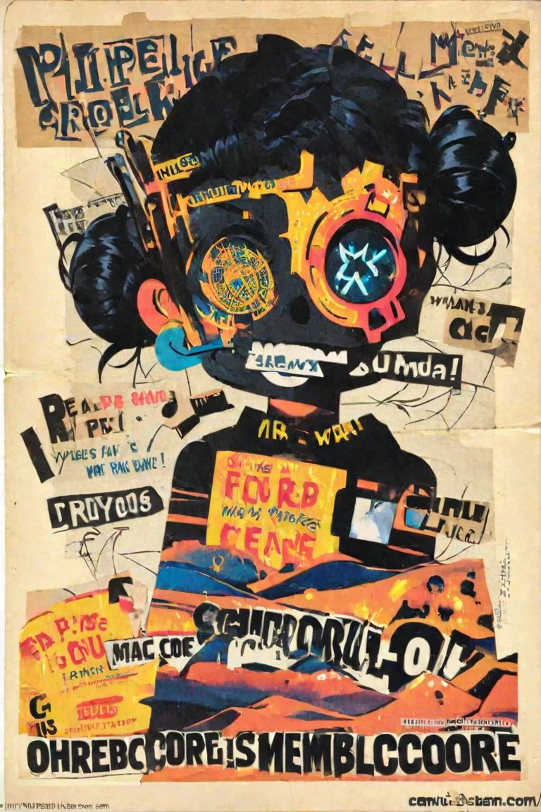 black hair, comic, cover art, cutout, english text, face, facepaint, hair bun, horizon, letter cutout, magazine cutout, male focus, mouth hold, no humans, paper cutout, paper_cutout, science fiction, solo, text background, text in eyes, text markings, text_background, text_markings, web address, weirdcore,
<lora:Weirdcore_XL:1>