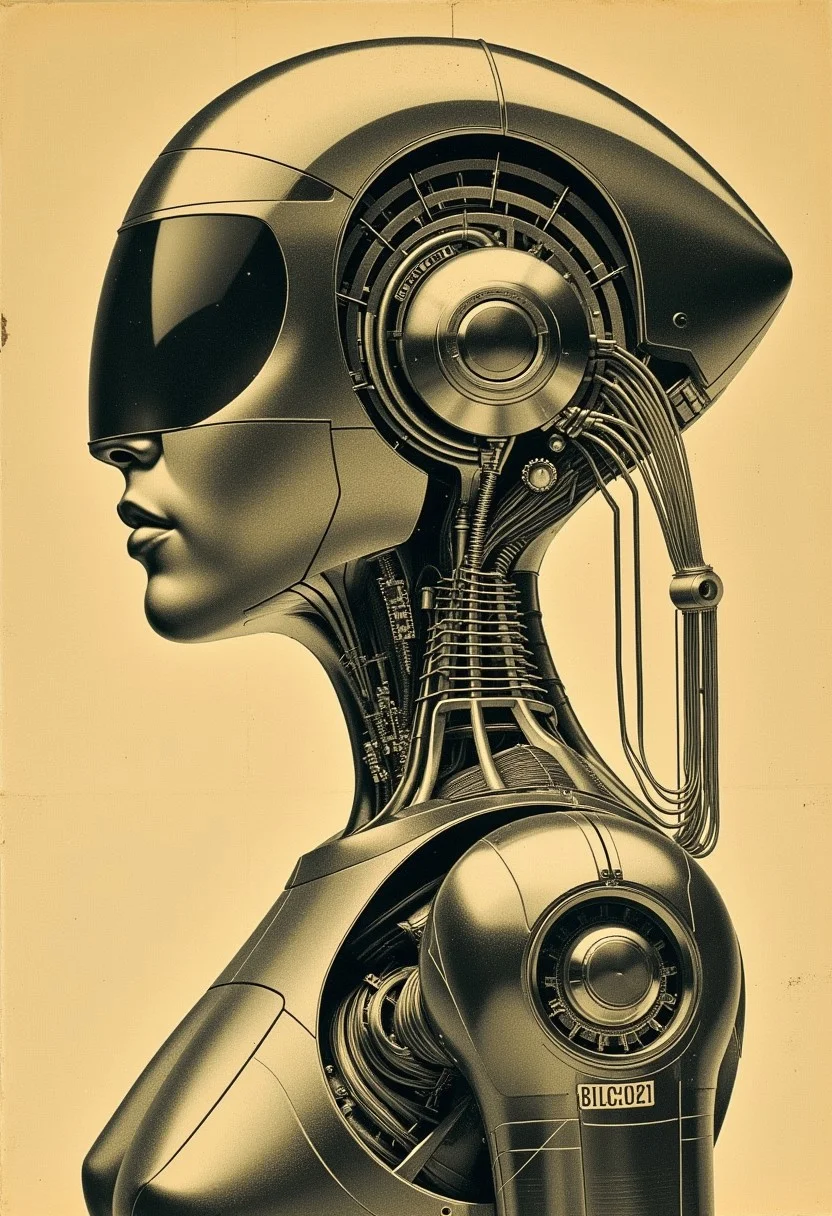 ArsMJStyle, ArtDecoVintageFuture, closeup side portrait in art deco poster style of female robot, detailed reflective helmet, robot joints, circuits, wires, cables