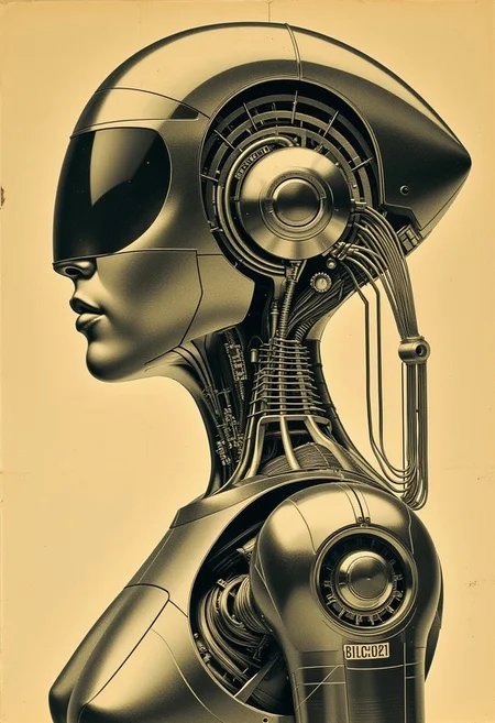 ArsMJStyle, ArtDecoVintageFuture, closeup side portrait in art deco poster style of female robot, detailed reflective helmet, robot joints, circuits, wires, cables
