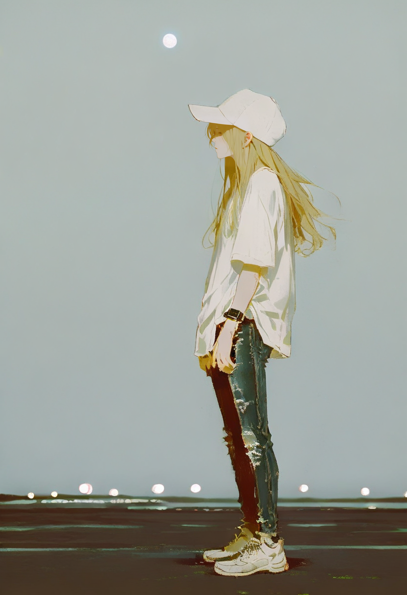 solo, hat, long hair, blonde hair, pants, 1girl, shirt, white shirt, white headwear, night, torn pants, jeans, denim, moon, outdoors, standing, shoes, from side, watch, profile, torn clothes, wristwatch, baseball cap, torn jeans <lora:748cmXL_NBVP1_lokr_V6311P:0.95>
