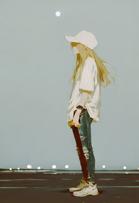 solo, hat, long hair, blonde hair, pants, 1girl, shirt, white shirt, white headwear, night, torn pants, jeans, denim, moon, outdoors, standing, shoes, from side, watch, profile, torn clothes, wristwatch, baseball cap, torn jeans <lora:748cmXL_NBVP1_lokr_V6311P:0.95>