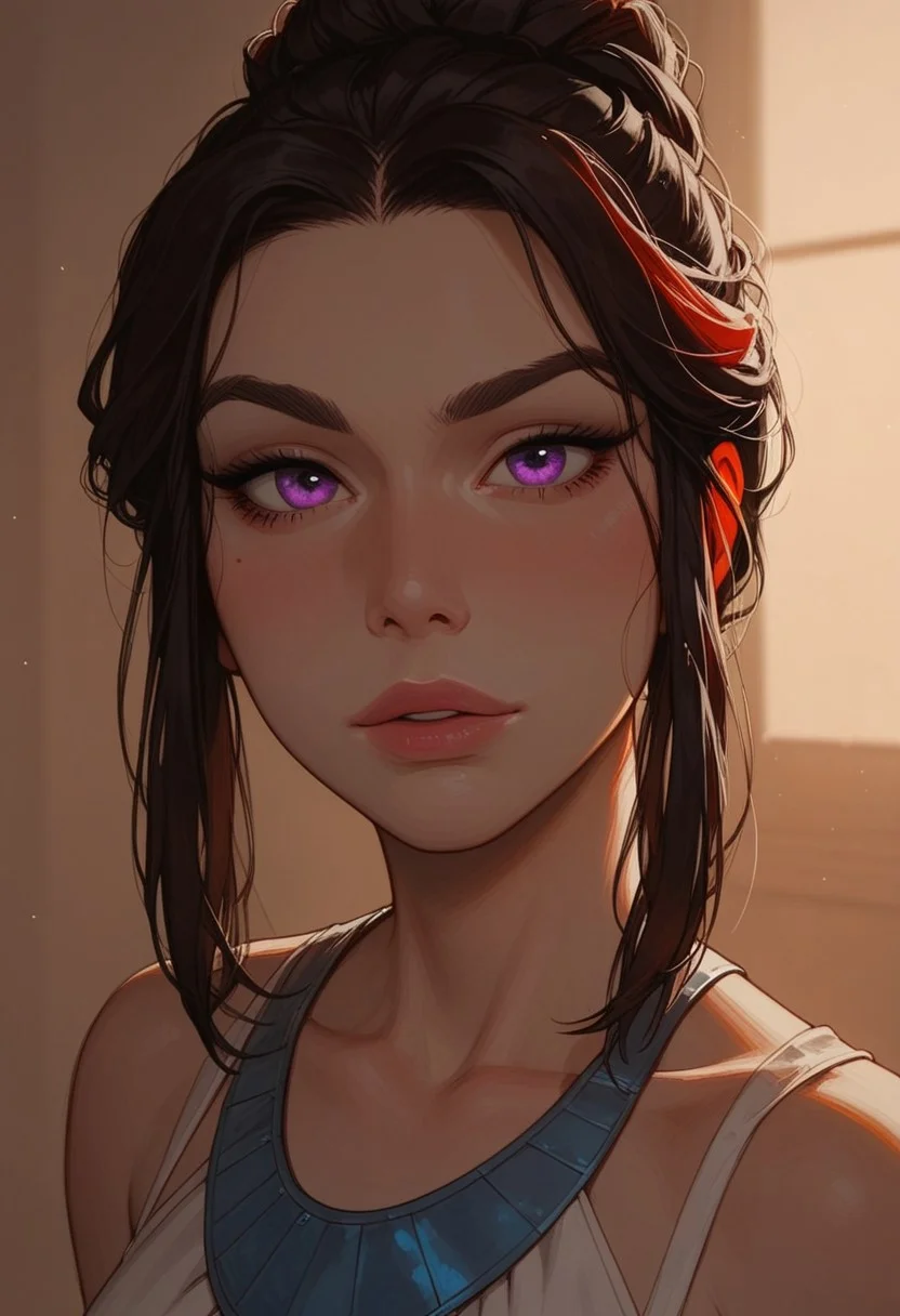 (score_9, score_8_up, score_7_up). ( line work, excellent drawing, highest quality, extremely detailed:1.2). 1woman, milf, Greek Goddess Nemesis, villain, perfect face, beautiful violet eyes, dark hair, bun, red streaks, long lashes, ((split eyebrow)), glossy lips, seductive expression, femdom, dynamic angle, ancient greek dress, g0thicPXL, romantic, cinematic lighting, volumetric lighting, source_cartoon, statuesque,