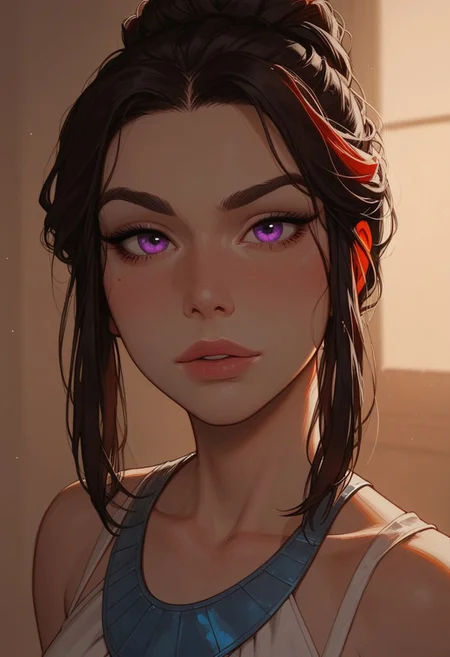 (score_9, score_8_up, score_7_up). ( line work, excellent drawing, highest quality, extremely detailed:1.2). 1woman, milf, Greek Goddess Nemesis, villain, perfect face, beautiful violet eyes, dark hair, bun, red streaks, long lashes, ((split eyebrow)), glossy lips, seductive expression, femdom, dynamic angle, ancient greek dress, g0thicPXL, romantic, cinematic lighting, volumetric lighting, source_cartoon, statuesque,