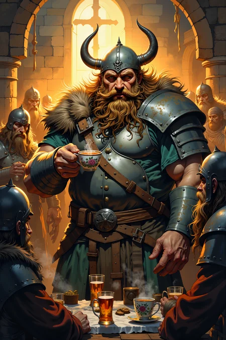 Inside the flickering glow of a medieval mead hall, a massive Viking warrior with a wild, unkempt beard and battle-scarred armor stands amidst roaring comrades. But unlike the overflowing mugs of ale around him, he holds a tiny porcelain teacup, painted with delicate floral patterns, steam rising gently from the herbal infusion. His massive fingers handle it with surprising grace, his expression one of pure satisfaction. A nearby shieldmaiden watches, half in awe, half in amusement, as this towering brute indulges in the daintiest of drinks amid the chaos of laughter and feasting. , detailed background Fantastic lighting. Detailed shadows.intricate details, vivid colors, hyper-detailed, ultra-sharp, , <lora:Dorota_Pietrowiak:0.3> Portrait by Dorota Pietrowiak <lora:Comic book V2:0.8> High-contrast illustration