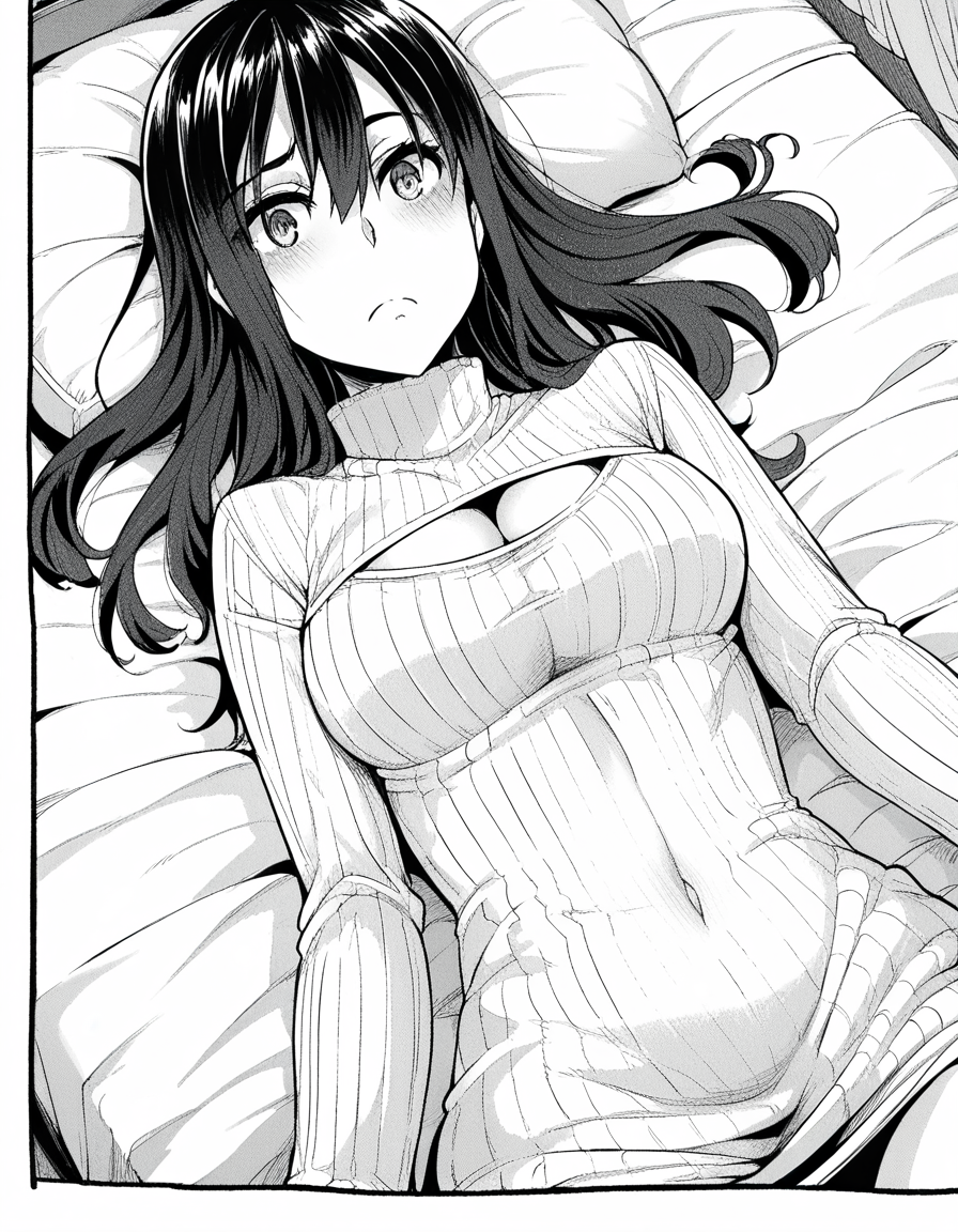 score_9, score_8_up, score_7_up, source_anime, sakiyoshida, <lora:saki-yoshida-manga-ponyxl-lora-nochekaiser:1>, saki yoshida, long hair, hair between eyes, monochrome, greyscale, black hair,, <lora:open-chest-sweater-ponyxl-lora-nochekaiser:1>, open-chest sweater, ribbed sweater, cleavage cutout, meme attire, clothing cutout, turtleneck, sweater dress, cleavage, clothes tug, sweater pull, cleavage reach,, indoors, bed, bed room, blush, on bed, on back,, cowboy shot, dutch angle,