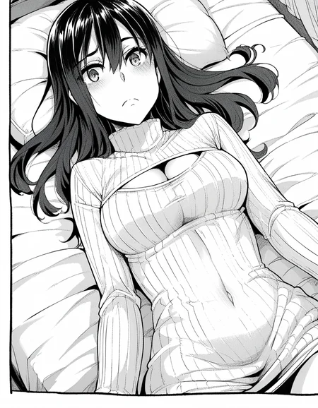 score_9, score_8_up, score_7_up, source_anime, sakiyoshida, <lora:saki-yoshida-manga-ponyxl-lora-nochekaiser:1>, saki yoshida, long hair, hair between eyes, monochrome, greyscale, black hair,, <lora:open-chest-sweater-ponyxl-lora-nochekaiser:1>, open-chest sweater, ribbed sweater, cleavage cutout, meme attire, clothing cutout, turtleneck, sweater dress, cleavage, clothes tug, sweater pull, cleavage reach,, indoors, bed, bed room, blush, on bed, on back,, cowboy shot, dutch angle,
