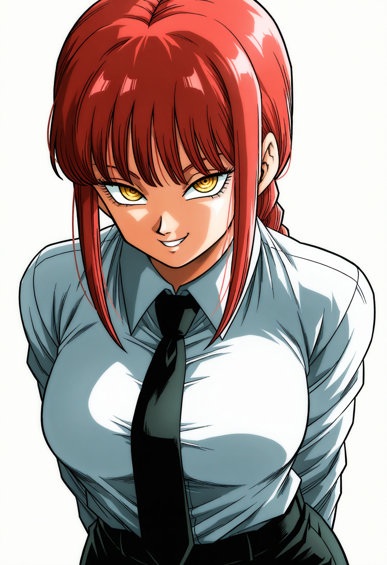 masterpiece, best quality,  absurdres, highres, cinematic light, 1girl, <lora:yamamoto_doujin_style:1> yamamoto_doujin_style, toriyama akira \(style\), retro artstyle, makima \(chainsaw man\), red hair, braid, ringed eyes, yellow eyes, white shirt, collared shirt, black pants, necktie, upper body,  arms behind back, evil smile, simple background, white background,