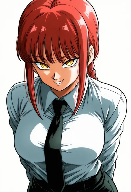 masterpiece, best quality,  absurdres, highres, cinematic light, 1girl, <lora:yamamoto_doujin_style:1> yamamoto_doujin_style, toriyama akira \(style\), retro artstyle, makima \(chainsaw man\), red hair, braid, ringed eyes, yellow eyes, white shirt, collared shirt, black pants, necktie, upper body,  arms behind back, evil smile, simple background, white background,