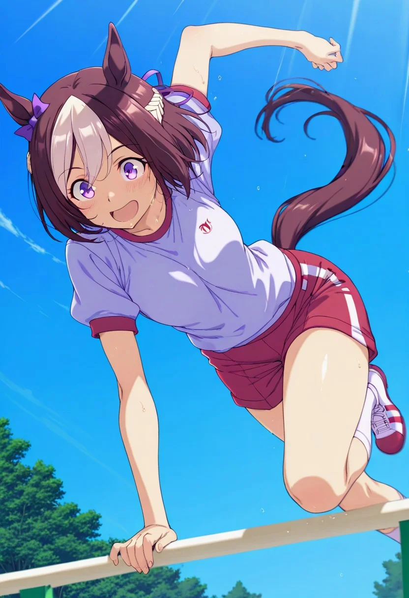 score_9,score_8_up,score_7_up,source_anime,anime coloring, , masterpiece,best quality,amazing quality,1girl,solo,
Trees, daytime, blue sky, rays
jump over fence,
Special Week \(umamusume\),horse tail,(horse ears),horse ears, horse tail, Tracen training uniform shorts,