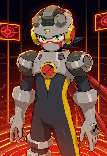 masterpiece,best quality,amazing quality,megaman.exe,JunkMan.EXE,double soul \(mega man\),male focus,1boy,green eyes,helmet,solo,holographic_interface,bodysuit,closed mouth,gloves,black bodysuit,armor,cowboy shot,standing,grey gloves,arms at sides,cable,red cable,<lora:Junk_Soul_V1-1-000010:1>,mask,covered mouth,