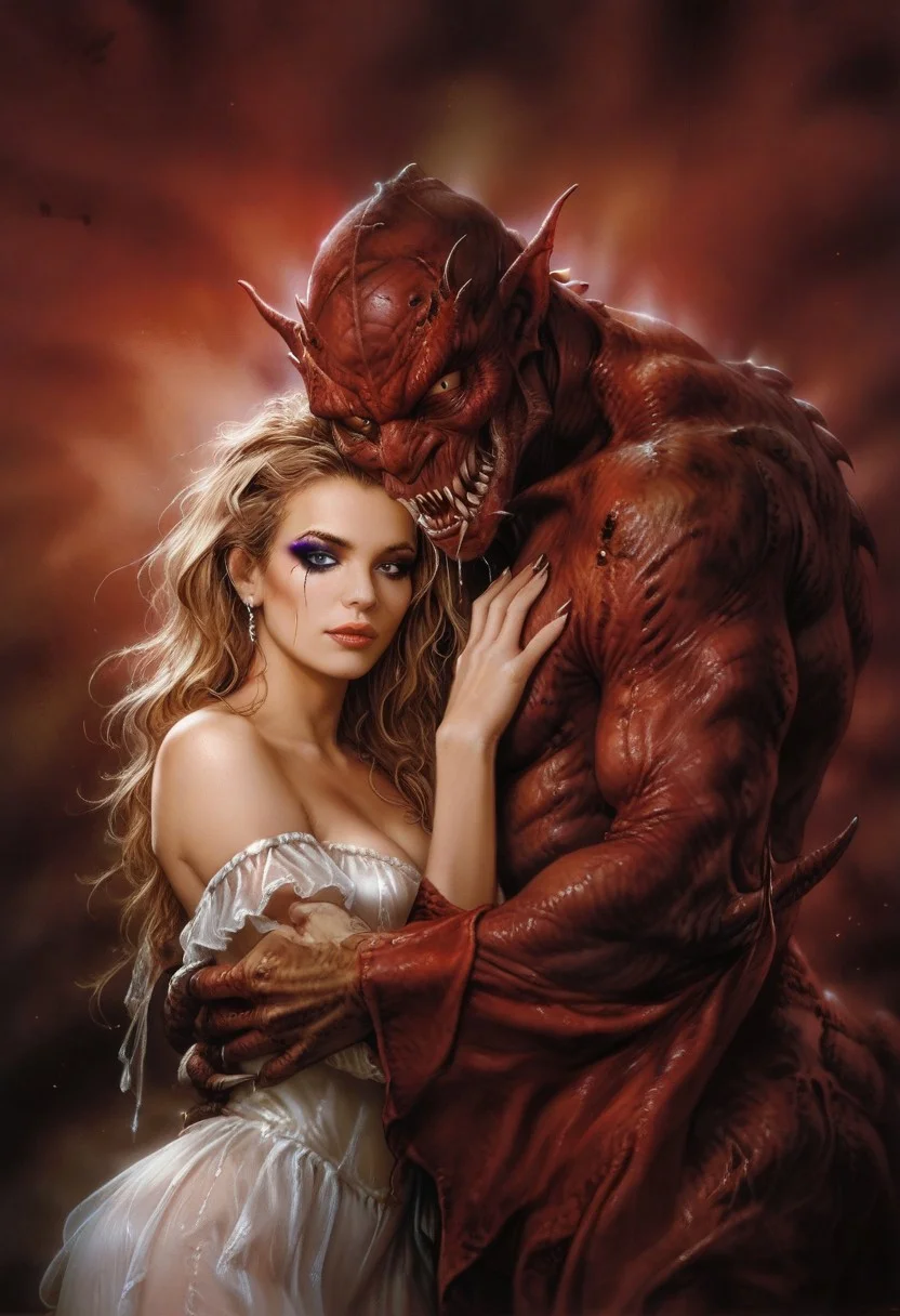score_9, score_8_up, score_7_up, score_6_up, semi-realistic, (1girl), (1boy).
MonsterLove, male monster, Red monster.
blondie girl with sexy makeup.
Hug.