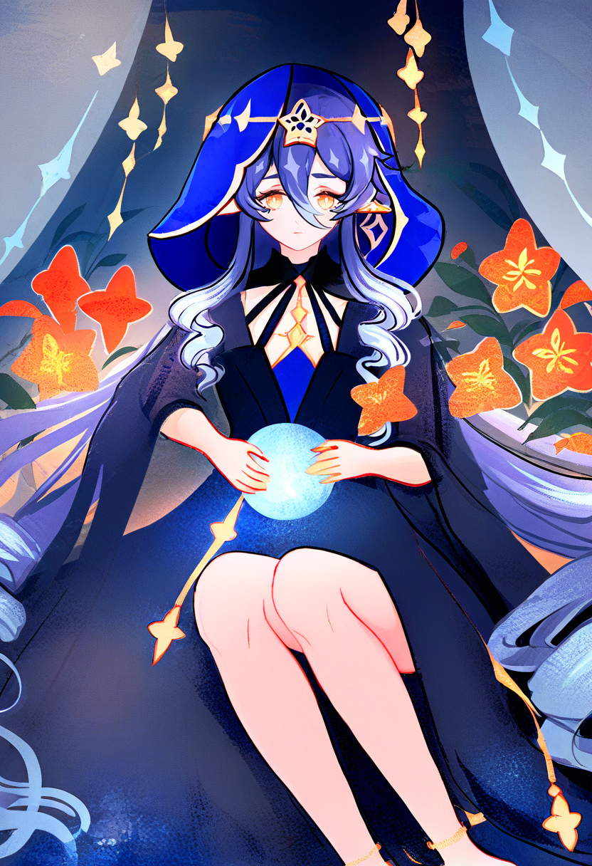 layla \(genshin impact\), 1girl, solo, dress, blue hair, long hair, hood, black dress, flower, yellow eyes, looking at viewer, jewelry, sitting, anklet, very long hair, hood up, holding, bare legs, bangs, closed mouth, feet out of frame <lora:cqtlatteXL_NBVP1_lokr_V6311P:0.95>