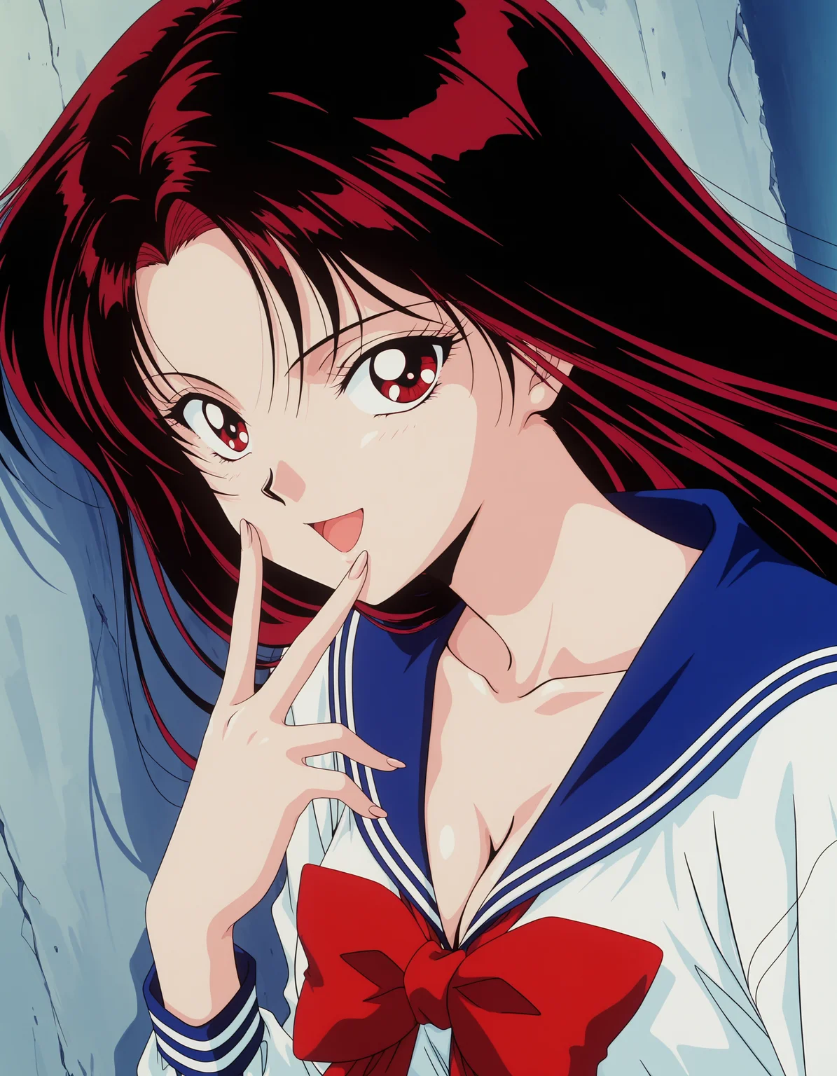 masterpiece, incredibly absurdres,best quality,anime screencap, anime coloring,dutch angle,side view, (portrait:1.2),
<lora:izunaIL:0.8>1girl,Haduki_IzunaPO,1990s \(style\),retro artstyle,
red eyes,black hair,red hair,very long hair,cleavage,collarbone,
school uniform,serafuku,shirt,white shirt,blue sailor collar,bowtie,red bowtie,
(narrowed eyes:0.8),looking at viewer, open mouth,smile,floating hair,leaning on wall,school,v over mouth,