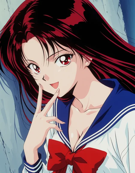 masterpiece, incredibly absurdres,best quality,anime screencap, anime coloring,dutch angle,side view, (portrait:1.2),
<lora:izunaIL:0.8>1girl,Haduki_IzunaPO,1990s \(style\),retro artstyle,
red eyes,black hair,red hair,very long hair,cleavage,collarbone,
school uniform,serafuku,shirt,white shirt,blue sailor collar,bowtie,red bowtie,
(narrowed eyes:0.8),looking at viewer, open mouth,smile,floating hair,leaning on wall,school,v over mouth,
