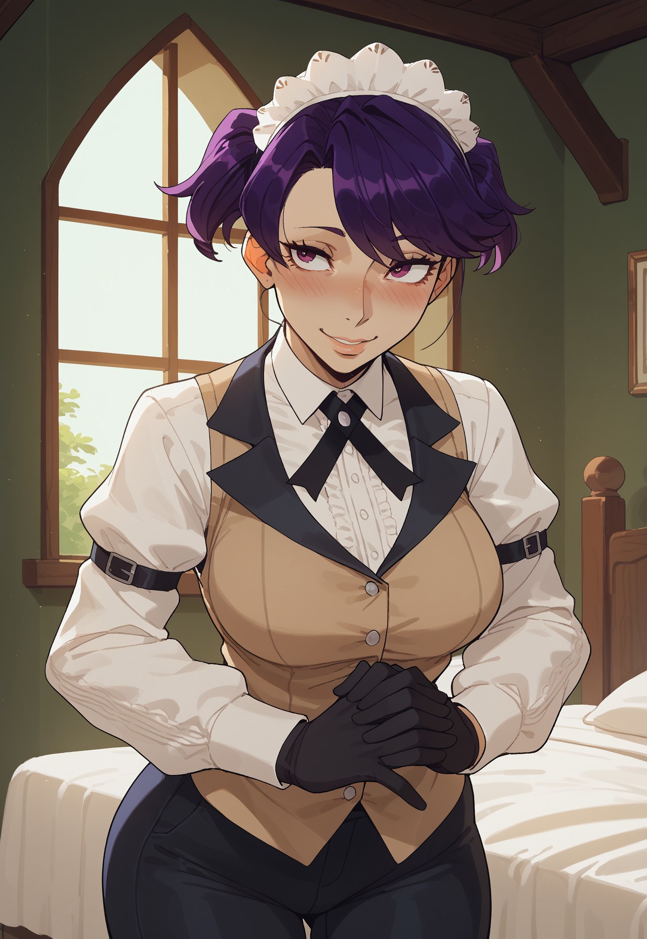 safe_pos, score_9,score_8_up,score_7_up, mature woman, adult woman, 1girl, cute face, kikunop3, purple hair, short hair, short twintails, maid headdress, vest, shirt, pants, gloves, holster, perfect face, slim body, bstyptit, busty petite, sexy girl, beautiful eyes, round ass, big breasts, wide hips, thicc, petite figure, thick thighs, long legs,thick legs, perfect face, detailed eyes, perfect black eyes, beautiful eyes, big round eyes, wide hips, thin waist, indoors, bedroom, mansion, night, nightime, green sky, green moon, big moon, (skin indentation:1.5),  medium breasts, medium boobs, exhausted,
score_9, score_8_up, score_7_up, score_6_up, score_5_up, score_4_up, BREAK, 1girl, solo, soft smile, small smile, Seductive expression, holding own hands, hands together, leaning forward, facing viewer, blush, blushing, looking at viewer