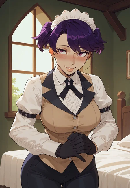 safe_pos, score_9,score_8_up,score_7_up, mature woman, adult woman, 1girl, cute face, kikunop3, purple hair, short hair, short twintails, maid headdress, vest, shirt, pants, gloves, holster, perfect face, slim body, bstyptit, busty petite, sexy girl, beautiful eyes, round ass, big breasts, wide hips, thicc, petite figure, thick thighs, long legs,thick legs, perfect face, detailed eyes, perfect black eyes, beautiful eyes, big round eyes, wide hips, thin waist, indoors, bedroom, mansion, night, nightime, green sky, green moon, big moon, (skin indentation:1.5),  medium breasts, medium boobs, exhausted,
score_9, score_8_up, score_7_up, score_6_up, score_5_up, score_4_up, BREAK, 1girl, solo, soft smile, small smile, Seductive expression, holding own hands, hands together, leaning forward, facing viewer, blush, blushing, looking at viewer