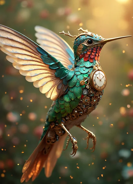 Hyperrealistic steampunk-inspired hummingbird, its body a fusion of iridescent feathers and intricate clockwork mechanisms. Elongated, needle-like beak made of polished brass, housing a retractable proboscis with visible gears. Eyes are multifaceted gemstones, refracting light in kaleidoscopic patterns. Wings are a marvel of engineering, constructed from overlapping metal feathers etched with delicate filigree. Each feather terminates in a translucent, crystal-like edge that catches and disperses light. Body plumage seamlessly blends vibrant emerald and sapphire feathers with exposed copper and gold gears. Chest features a small, ticking clock face with Roman numerals, its hands spinning rapidly. Tail feathers are long, trailing ribbons of shimmering silk interwoven with fine copper wires. Legs and feet are spindly brass appendages with articulated joints, tipped with razor-sharp talons. The creature hovers in mid-air, suspended by barely visible strings of spider silk. Surrounding the hummingbird is a swirling mist of airborne pollen and tiny cogs, creating a dreamy, ethereal atmosphere. Background fades from a soft focus garden scene to a schematic drawing of the bird's inner workings. Lighting is warm and golden, emphasizing the metallic elements while casting a soft glow on the feathered areas. Hyper-detailed rendering captures the interplay of organic and mechanical textures, from the smoothness of polished metal to the softness of downy feathers