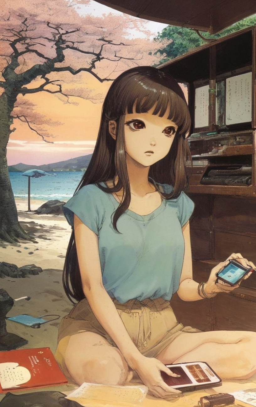 artwork <lora:Moebius:1>, outdoor at evening, 1woman 60yo (Sakurako Tanba:1.3), Pixie Cut with Long Top hair do a console, beach, hawk