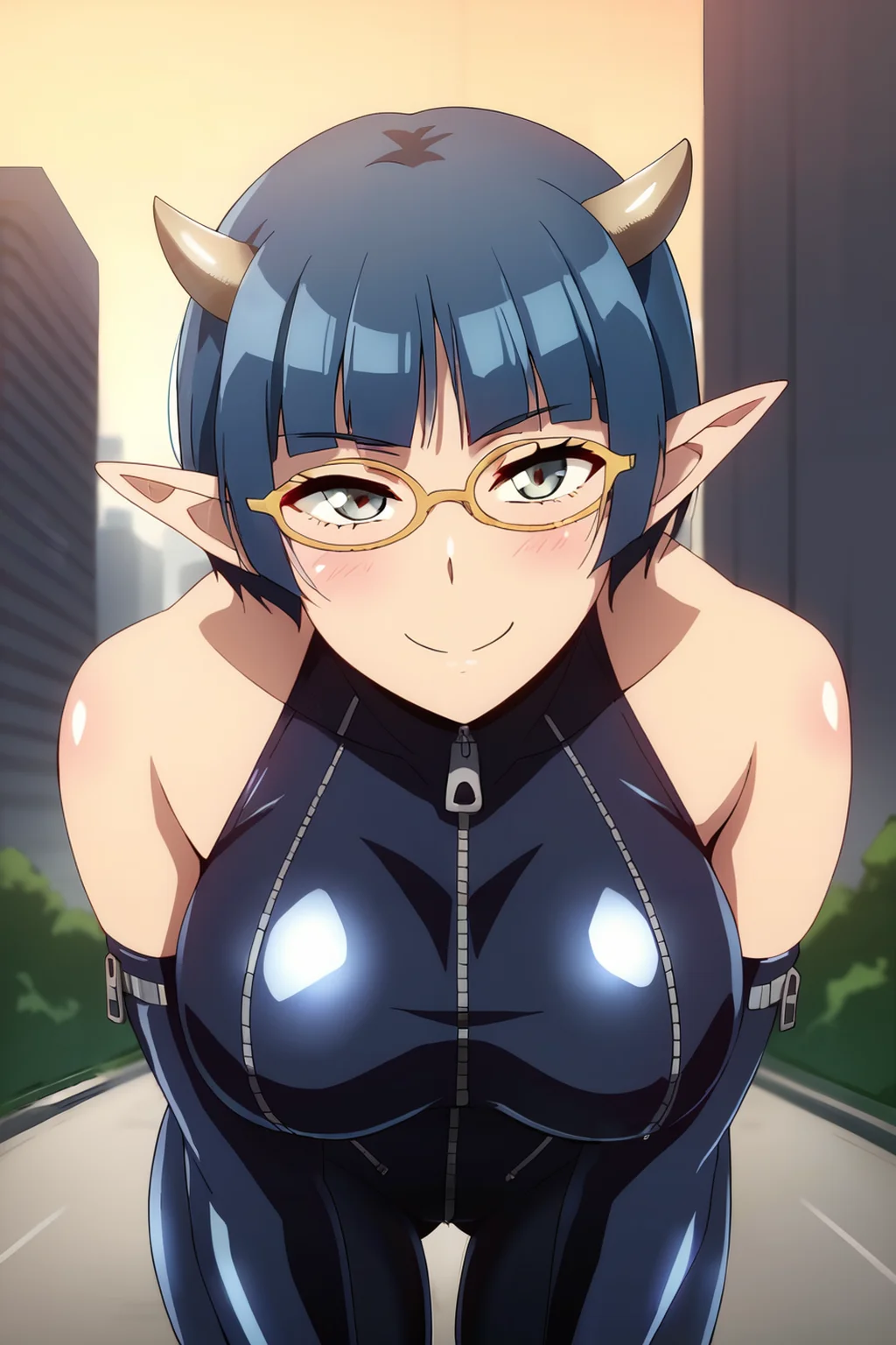 score_9, score_8_up, score_7_up, source_anime, 1girl, zPDXL2, hara \(harayutaka\), <lora:sd_xl_dpo_lora_v1:1>, <lora:zenia:1>, zenia1, pointy ears, glasses, horns, short hair, blue hair, elbow gloves, zipper, bare shoulders, large breasts, latex bodysuit, bodysuit, leaning forward, smile, :d, city, city lights, day, shibuya \(tokyo\), tokyo \(city\), street, empire state building,