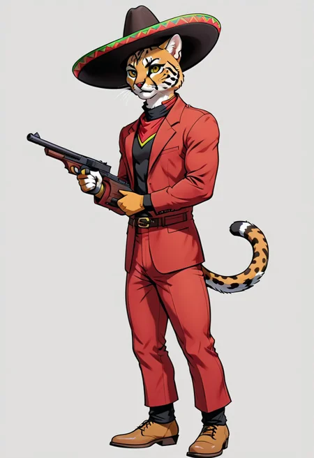 4K,masterpiece,1boy,mature male,full body,from side, style of 80scartoon,SMheroes style,flat colors,vibrant colors,bright colors,
feline_hybrid,Ocelot,(charro:1.3),face of an Ocelot,animal face,cat eyes,(looking to the side:1.4),red suit,yellow trimmings,suede shoes,(sombrero: 1.5),neckerchief,holding gun, aiming,(tmmygn:1.5),