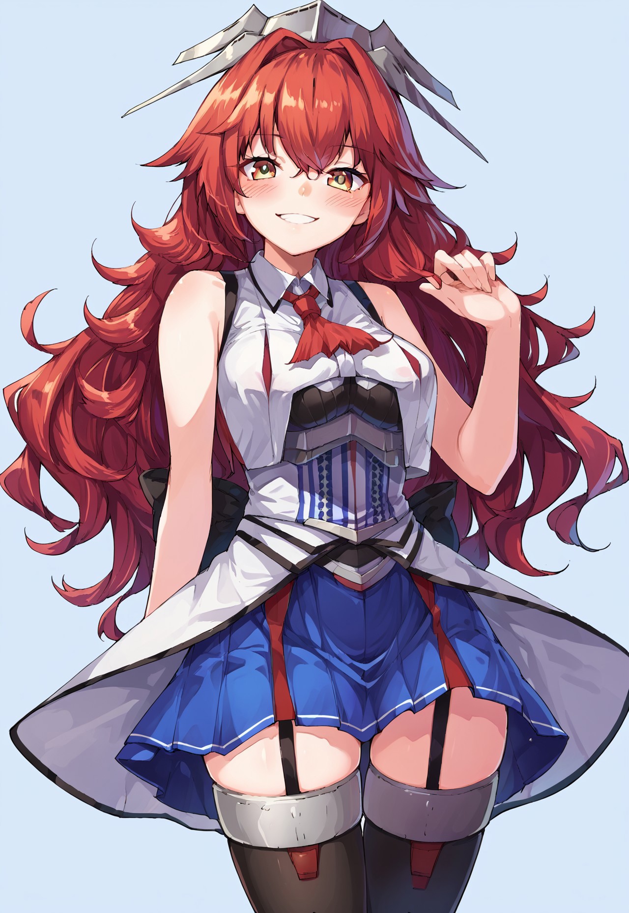 score_9, score_8, score_7, source_anime, phoenix (kancolle), 1girl, solo, blush, looking at viewer, skirt, thighhighs, blue skirt, garter straps, smile