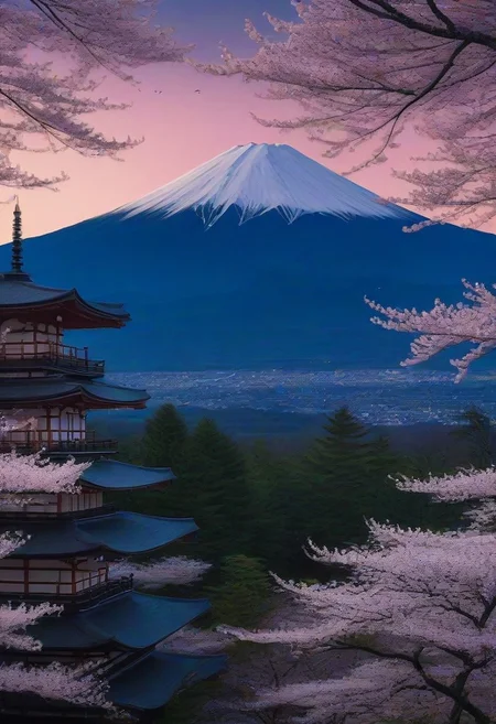 masterpiece, photorealistic, a vast spring forest, distant mountains, japanese pagoda, japanese architecture, japanese forest, cherry blossoms, night sky, mt. fuji, serene, peaceful, moonlight, low angle