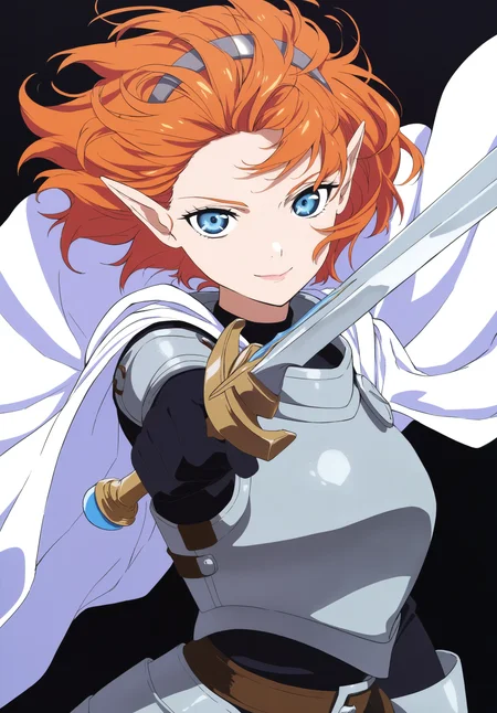 masterpiece,absurdres,best quality,high quality,<lora:MeMaXL5 Type C Vpred Noob:1>,1girl,upper body,armor,black gloves,black shirt,blue eyes,breastplate,cape,closed mouth,floating hair,gloves,grey hairband,hairband,holding,holding sword,holding weapon,lips,long sleeves,looking at viewer,pink lips,pointy ears,orange hair,shirt,short hair,wind,solo,sword,weapon,white cape,black background,serious,smile,foreshortening,