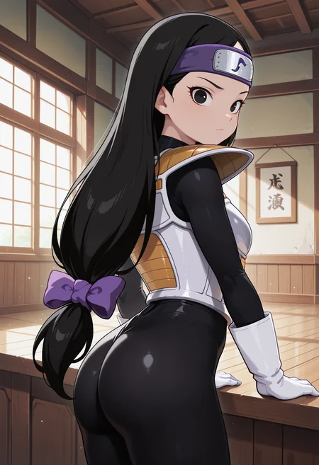 Tsch, 1girl, black hair, low-tied long hair, black eyes, purple bow, forehead protector, white saiyan armor, shoulder pad, black bodysuit, white gloves, white boots, looking at viewer, indoors, best quality, very aesthetic, masterpiece,