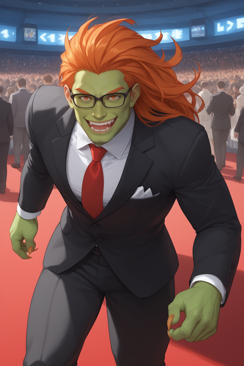 score_9, score_8_up, score_7_up, masterpiece, high quality, BREAK
 <lora:Blanka SF2PonyLoRA:0.8>blnka, long hair, colored skin, green skin, monster boy, claws, fur, black tuxedo, long sleeves, standing on a red carpet in hollywood, wave, smile, glasses, crowd of reporters, upper body