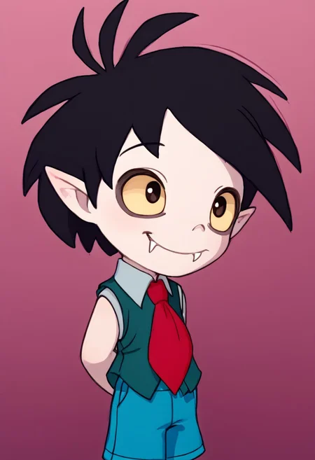 1boy, solo focus, Oskar, pale skin, Black Hair, Pointed Ears, Fangs, red necktie, vest, shorts, hands behind back, smile