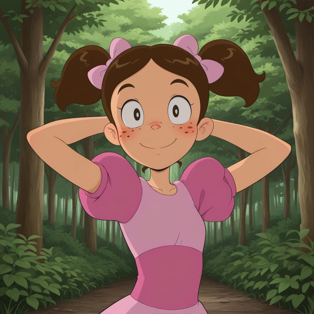 masterpiece, best quality, break, popis_ca, twintails, brown hair, hair bow, freckles, dress, puffy sleeves, arms behind head, looking at viewer, smile, upper body focus, forest