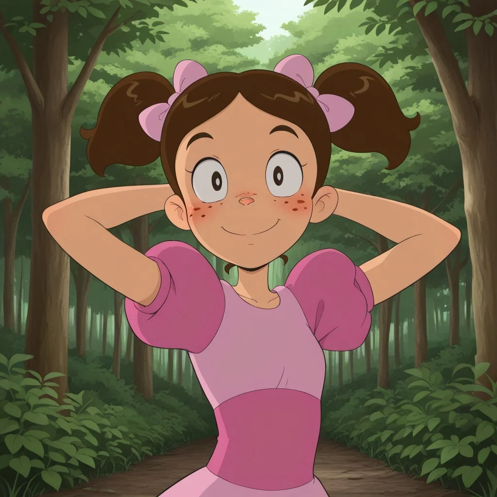masterpiece, best quality, break, popis_ca, twintails, brown hair, hair bow, freckles, dress, puffy sleeves, arms behind head, looking at viewer, smile, upper body focus, forest