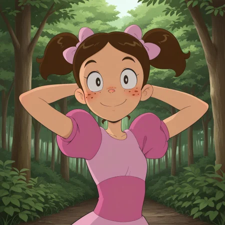 masterpiece, best quality, break, popis_ca, twintails, brown hair, hair bow, freckles, dress, puffy sleeves, arms behind head, looking at viewer, smile, upper body focus, forest