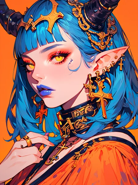 score_9, score_8_up, score_7_up, score_6_up, score_9, score_8_up, score_7_up, score_6_up, BREAK,
1girl, solo, looking at viewer, bangs, jewelry, blue hair, yellow eyes, upper body, earrings, parted lips, horns, pointy ears, hand up, blunt bangs, medium hair, collar, fingernails, makeup, facial mark, piercing, cross, crescent, demon horns, eyeshadow, orange background, purple lips, cross earrings, blue lips
flat color, cell_shadow, source_anime, 
<lora:xl_more_art-full_v1:0.25>,
<lora:Psychedelic_Stylized:1>