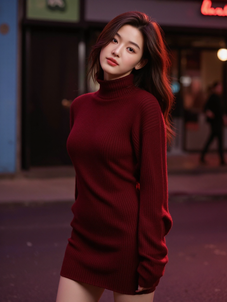 There are wonderful studio lights and various reflections,
18yo beautiful cute girl with blushing and female orgasm.skin naturally showing the texture of blood vessels and detailed pale skin,
--,harvy rain,
<lora:Gianna_Jun_f1a:1>,she is Gianna Jun,a beautiful korean actress., A stunningly beautiful woman with very long hair in soft waves is standing with her back slightly arched,tilting her head as she gazes over her shoulder with a pleasant and slightly suggestive expression. Her fair skin is smooth and slightly tanned,giving her a radiant appearance. She boasts a slender hourglass figure; remarkable breasts,narrow waist,curvy bottom. She wears a form-fitting,crimson-red mini-dress with long sleeves,and thigh-high black leather boots. The dress has a turtleneck style. The turtleneck is high around the neck,providing a classic and elegant look. The sweater is made of a coarser rib-knit material,which gives it a soft,somewhat fluffy,cozy feel and look. The ribbing is consistent throughout,providing a snug fit. Hyper-realistic depiction,capturing the fine details of the material and the woman's physique. Slightly blurred background suggestive of an outdoor urban scene with out-of-focus light and shadow. Focus on the woman,showcasing her form and the rich color of the dress contrasting with the boots. Natural lighting. Detailed texture  front shot,upper body,professional model,shot with hasselblad x2d 100c,xcd 90mm f/2.5 lens,cinematic red color grading with golden hour warmth,dramatic black silhouette against burnt umber to red ruby gradient backdrop,avant-garde composition with tilted head pose,staring to camera,profound gaze,elongated body stance,flowing black turtleneck,professional main fresnel light at 60 degree angle with silk diffusion,rim light with cto gel at 75 degree angle,haze machine for ethereal atmosphere,feathered shadows,contrast curve manipulation,selective dodge and burn,grain texture overlay,color temperature adjustment at 5500k to 3200k gradient,ultra sharp details,raw format,inspired by paolo roversi lighting technique,hyper realistic,16K,,