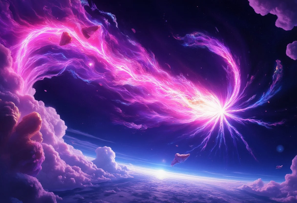 A colossal, glowing crystal meteor hurtles through the cosmos toward Earth, trailing a vibrant cascade of shimmering purple and pink energy. The crystal’s jagged surface radiates dazzling hues of magenta and violet, refracting light like a giant prism and casting ethereal rainbows across the night sky. Its tail blazes with swirling clouds of neon mist, sparking with electric blue and gold streaks, creating a breathtaking celestial display. The Earth below is bathed in a surreal, otherworldly glow, with the meteor’s vibrant light reflecting off oceans and landscapes. The scene is both awe-inspiring and dramatic, capturing the sheer power and beauty of this cosmic phenomenon as it prepares to collide in a dazzling burst of magical energy