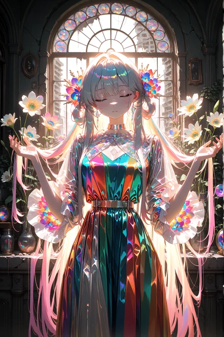 masterpiece, best quality, amazing quality, very aesthetic, absurdres, newest,
indoors,flower,ruins,small_window,
1girl,long hair,facelight,colorful dress
standing, (from front:1.5) very close-up upper body
looking_at_viewer,closed_eyes, hands up
{{best_quality}},{{amazing_quality,very_aesthetic}},
masterpiece, best quality, amazing quality, very aesthetic, absurdres, newest, volumetric lighting,<lora:spo_sdxl_10ep_4k-data_lora_webui:1> <lora:KonyaKarasue-Lokr-NOOBEPS110:1> <lora:holographiccolor:0.95> <lora:USNR STYLE_XL_loha:0.15>