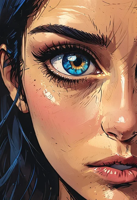 (macro close-up blue eyes), only eyes,
Looking into distance, perfect Olive skin, snub nose, Arched eyebrows, Monolid blue Eyes, (blue eyes), long eyelashes,
graphic style of novel comics,
2d, 8k, iMax, hyperrealism, masterpiece, high resolution, best quality, ultra-detailed, super realistic, Hyperrealistic art, high-quality, ultra high res, highest detailed, lot of details, Extremely high-resolution details, incredibly lifelike, colourful, soft cinematic light,