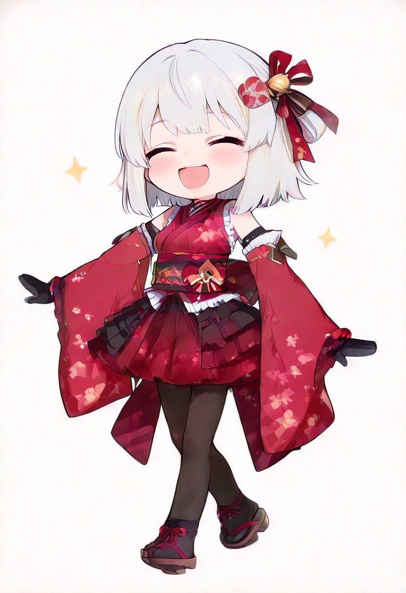 great quality,1girl,solo, (almic:0.9),(ogipote,akakura:0.8),(sofra,sincos:0.6),(karyln,momisan:0.9),cartoon Style, chibi,walking, smile,smile closed eyes,open mouth,:d,detached sleeves, japanese clothes, (oner bell hairornament:0.9),ribbon hair ornament,black gloves,, black pantyhose,red kimono, black frilled skirt, white frills in sleeves, white frills derss,