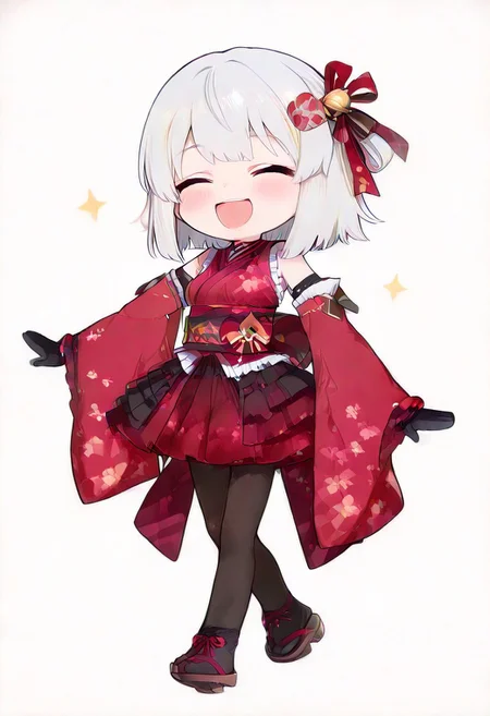great quality,1girl,solo, (almic:0.9),(ogipote,akakura:0.8),(sofra,sincos:0.6),(karyln,momisan:0.9),cartoon Style, chibi,walking, smile,smile closed eyes,open mouth,:d,detached sleeves, japanese clothes, (oner bell hairornament:0.9),ribbon hair ornament,black gloves,, black pantyhose,red kimono, black frilled skirt, white frills in sleeves, white frills derss,