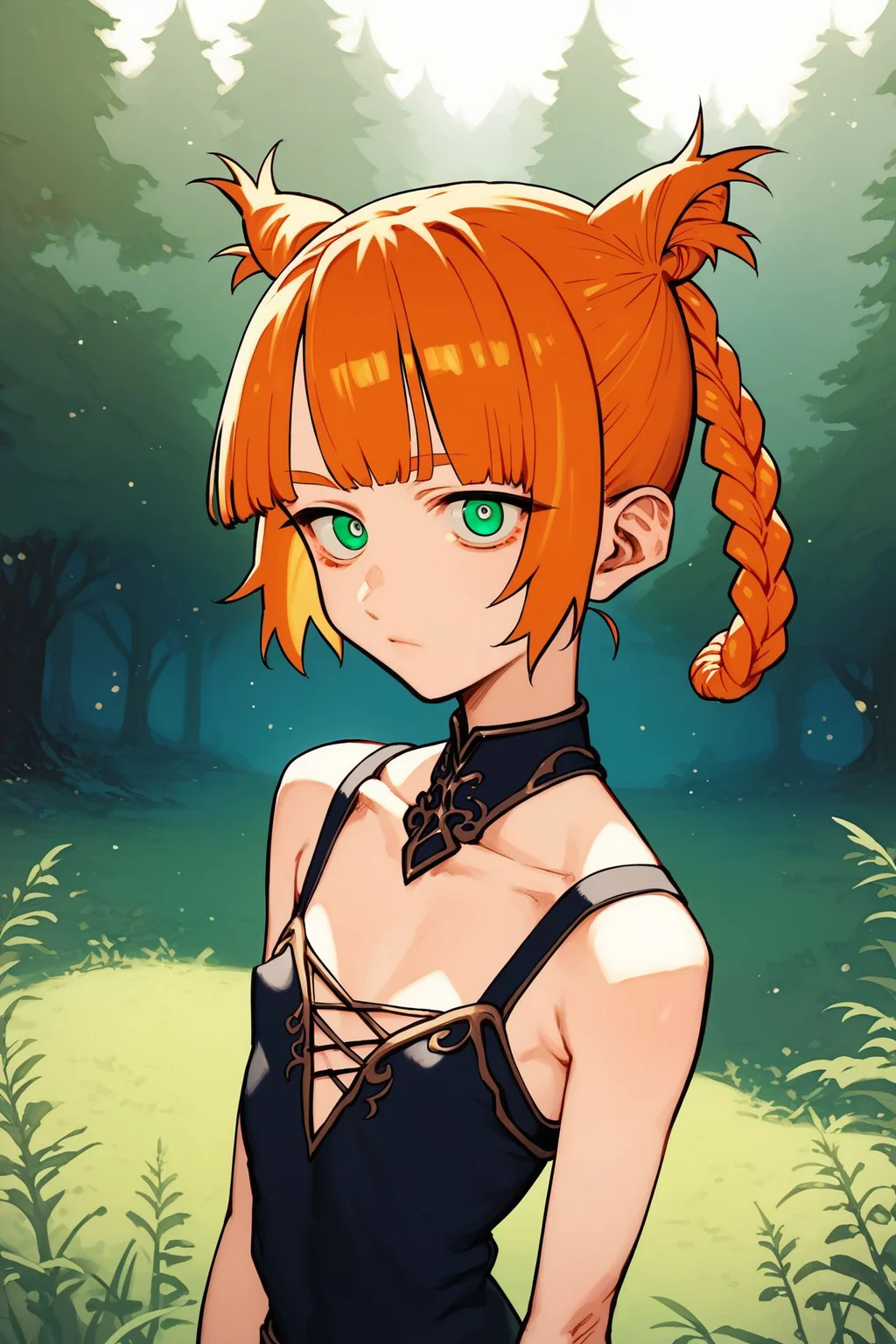 score_9, score_8_up, score_7_up, 1girl, pupils sparkling, looking at viewer, hands_on_hip, orange hair, thin_fringe, cone hair bun, dark green eyes, flat chest, bronze clothes, outdoors, straight-on, glittering light <lora:kotoyama_PonyXL_style_v01:1>