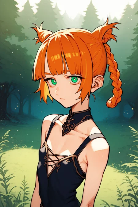 score_9, score_8_up, score_7_up, 1girl, pupils sparkling, looking at viewer, hands_on_hip, orange hair, thin_fringe, cone hair bun, dark green eyes, flat chest, bronze clothes, outdoors, straight-on, glittering light <lora:kotoyama_PonyXL_style_v01:1>