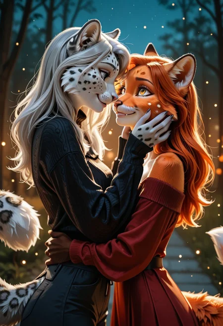 female furry with female furry, 2girls, duo, intimate interaction, soft yet intense atmosphere, one gently holding the other's face, their eyes locked in silent understanding, fur blending where they touch, warm evening glow, detailed background of a quiet park with fireflies floating in the air, soft breeze moving their fur, semi-realistic, cinematic lighting, depth of field, high-quality rendering.
first girl: elegant fox furry, vibrant orange and white fur, long bushy tail curling slightly behind her, deep golden eyes filled with warmth, wearing a flowing deep red dress that contrasts beautifully with her fur, delicate fingers gently touching the other's cheek, expression soft but confident, ears slightly perked, subtle smile on her lips.
second girl: shy snow leopard furry, sleek silver-gray fur adorned with intricate black rosettes, striking ice-blue eyes looking up hesitantly, wearing a dark blue off-shoulder sweater that drapes softly over her slender frame, small nervous smile, long fluffy tail swaying slightly, ears twitching as she leans subtly into the fox furry’s touch, overwhelmed yet drawn in by the moment.