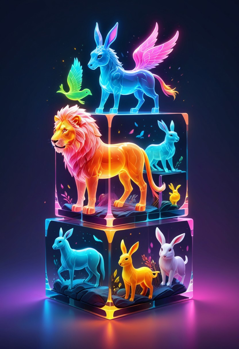 colorful translucent mable cube stack,carved with animals, lion,horse, rabbit,bird,squalo, glowing,Fantasy illustration style, transports viewers to imaginative worlds, epic landscape, and heroic adventures, sparks wonder and inspiration, neon_style
