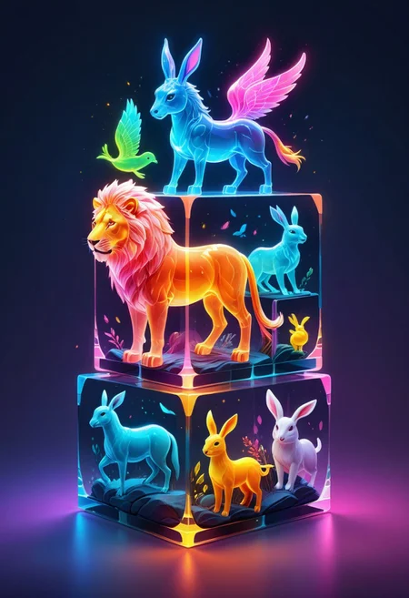 colorful translucent mable cube stack,carved with animals, lion,horse, rabbit,bird,squalo, glowing,Fantasy illustration style, transports viewers to imaginative worlds, epic landscape, and heroic adventures, sparks wonder and inspiration, neon_style