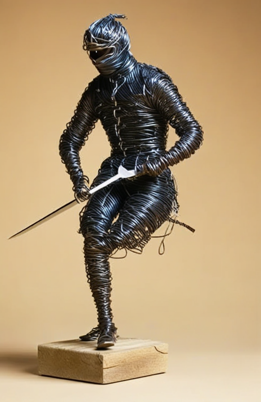 wire art, Close-up portrait of a rider, holding knife,  high-resolution image, studio shot, <lora:éä¸èºæ¯:0.7>
